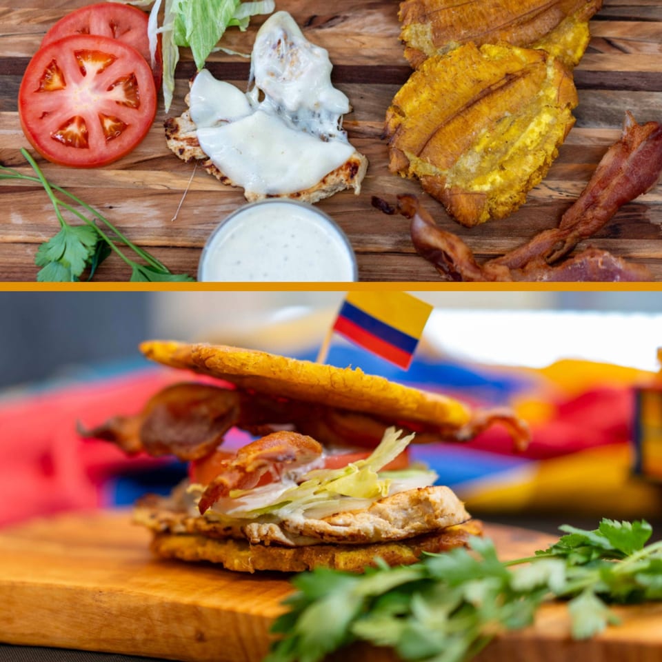 A La Boca Loca burger with plantain buns, chicken, bacon, cheese, lettuce, and tomato.